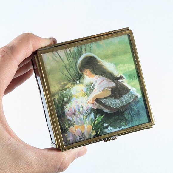 1990s Glass and brass trinket box handcrafted Via Vermont Mexico jewelry box - Picture 1 of 11